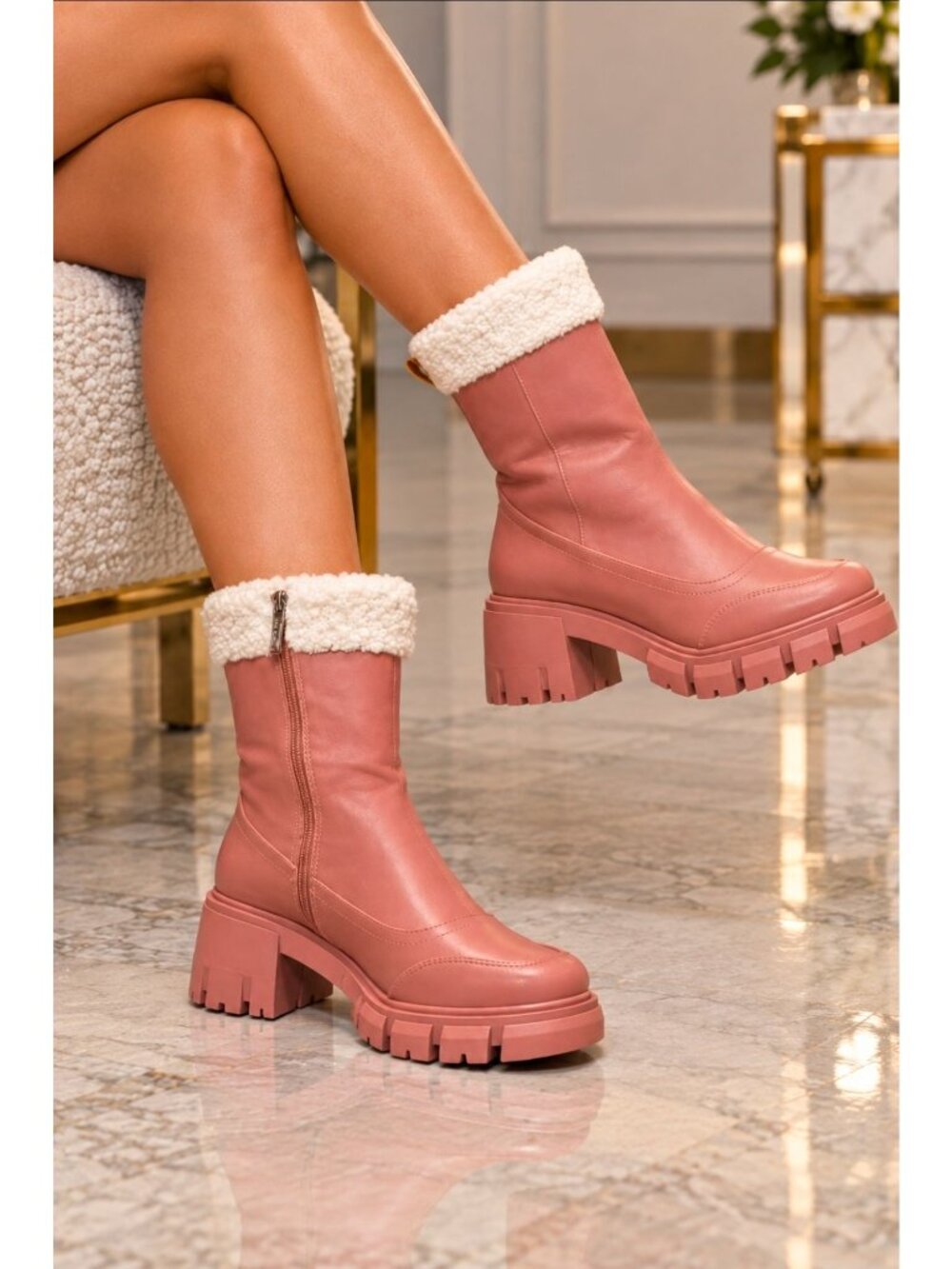 Chunky Sole Faux Leather Mid-Calf Boots With Faux Fur Cuffs & Side Zipper In Blu